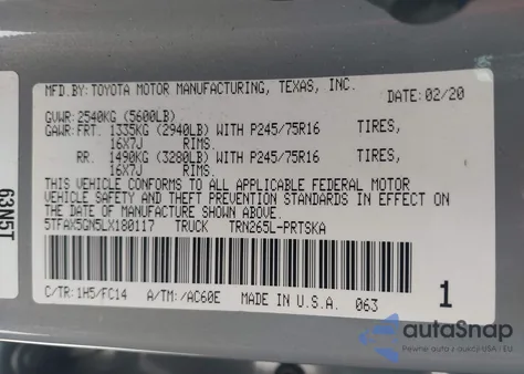 2020 Toyota Tacoma Sr5 z USA, uszkodzony, nr VIN 5TFAX5GN5LX180117